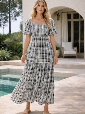 Faithfull The Brand 100% Cotton Plaid Smocked Maxi Dress Cottagecore S